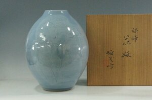 希少作名品　T　京焼 文化勲章　楠部彌弌　裸婦文 花瓶　 高さ31cm　均窯釉線刻女性像　花入　花生　花器　飾壺　共箱　美品状態良好　4241