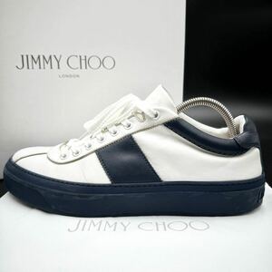 1円 【美品】 JIMMY CHOO ジミーチュウ 【圧倒的高級感】 メンズ ローカット スニーカー シューズ サイドライン ホワイト ネイビー 26cm位