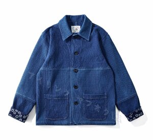 新品職人手作り 藍染め 刺し子 カバーオール 剣道着 19OZ 綿100% ワークジャケット sashiko indigo 上品 インディゴ ワークウェア M