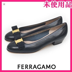 新品未使用品 サルヴァトーレフェラガモ Salvatore Ferragamo ヴァラリボン アーモンドトゥ パンプス ネイビー 6.5C(約23.5-24) sh24-1473