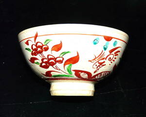 《値下》茶器 茶道具 お稽古茶碗 伊賀上野焼 現代 鳥と草花紋 赤絵 抹茶茶碗 1個