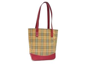 1円 BURBERRY バーバリー ノバチェック キャンバス×レザー トートバッグ ショルダー 肩掛け レディース ベージュ系×レッド系 FJ2582