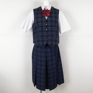 1円 ベスト チェックスカート リボン 上下4点セット 夏物 女子 学生服 埼玉小手指中学 制服 中古 ランクB EY8387