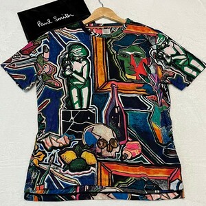 極美品/XLサイズ●ポールスミス【現行タグ アート総柄 】Paul Smith Tシャツ カットソー 丸首 半袖 芸術 マルチストライプ