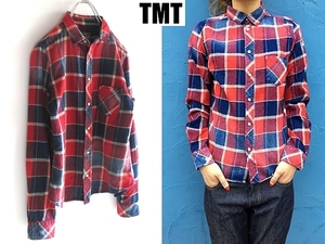 ネコポス対応 TMT 定価30800円 INDIGO CHECK SHIRTS ビンテージ加工 チェーン刺繍ロゴ インディゴチェック コットンネルシャツ S 赤 レッド