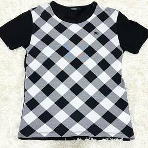 バーバリーブラックレーベル BURBERRY BLACK LABEL Tシャツ　半袖　黒　白　チェック　アーガイル　サイズ2（M）　ホースロゴ　刺繍ロゴ