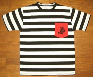 新品 CUSHMAN クッシュマン ヘビーコットン生地 左胸ポケット付き 囚人 プリズナー ボーダー柄 半袖 Tシャツ JAIL BIRDS (Mサイズ) 黒×白