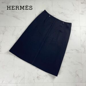 美品 HERMES エルメス ステッチデザインフレアスカート サイドジップ 膝丈 裏地あり 黒 サイズ36*QC743