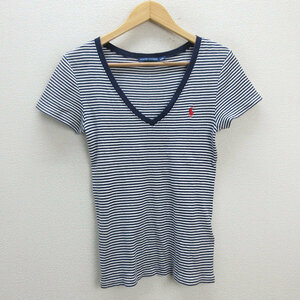 k■ラルフローレン/RALPH LAUREN ボーダー柄 VネックTシャツ【M】紺白/LADIES■15【中古】