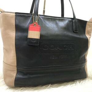 1円 【美品】 COACH コーチ トートバッグ ハンド レガシー ウィークエンド ビジネス ブラック ベージュ 23469 A4 メンズ 紳士 肩掛けレザー