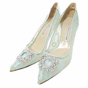 マノロブラニク MANOLO BLAHNIK レース メッシュ ハンギシ パンプス ビジュー ポインテッドトゥ ピンヒール 38.5 25.5cm ミント