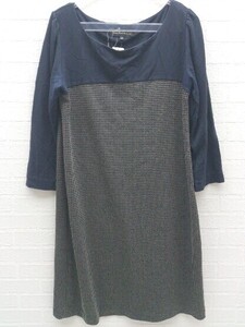 ◇ green label relaxing UNITED ARROWS 切替 長袖 膝丈 ワンピース サイズ38 ネイビー グレー レディース