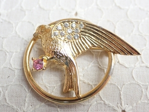 L437　ヴィンテージ ブローチ　小鳥　ゴールドカラー　ラインストーン　アクセサリー　Vintage　brooch