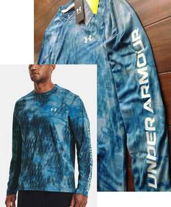 【既決USA】アンダーアーマー★UNDER ARMOUR@完売胸元&背中&袖【UA】ロゴ入長袖【UA Iso-Chill Shorebreak UPF50 Camo Tee】Blue迷彩柄@2XL