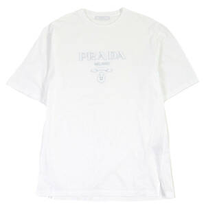 極美品□PRADA プラダ 22SS UJN815 コットン100％ Raised Logo クルーネック 半袖Ｔシャツ カットソー ホワイト S 正規品 メンズ