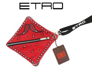 9万新品◆エトロ◆総革ペイズリー◆ネックストラップ着脱可マルチユースレザーポーチ 赤【ETRO】1円