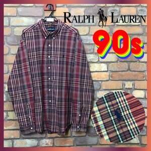 ME9-631★90’s vintage★超BIGサイズ!!★良品＆正規品★【Ralph Lauren ラルフローレン】刺繍ポニー チェック BDシャツ【XXL】渋赤 古着