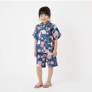 綿の郷 子ども 甚平 110 ネイビー 紺 リップル生地 日本製 女の子 キッズ 浴衣 新品 未使用 着物 kimono