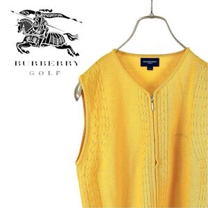 10M486◯ BURBERRY GOLF バーバリーゴルフ ウール100 ジップアップ ケーブルニット ベスト ゴルフ イエロー マスタード 春秋冬 綺麗め L