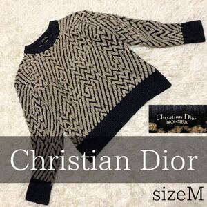 美品 クリスチャン ディオール 厚手 ニット D 総柄 セーター ジグザグ模様 Christian Diorニット サイズM。