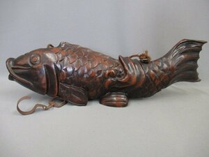 【木彫　魚・自在鉤・金具付】時代物　古民芸　全長・62cm　囲炉裏　鯉横木　インテリア