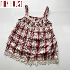 PINK HOUSE ピンクハウス カットワークレースキャミソールブラウス レッド系チェック フリーサイズ コットンリネン ストレッチ 春夏