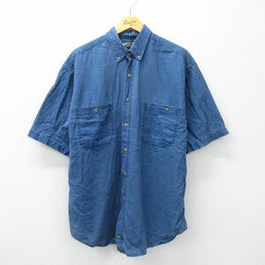 XL/古着 アメリカンイーグル 半袖 シャツ メンズ 90s 大きいサイズ ロング丈 リネン ボタンダウン 紺 ネイビー 24mar14 中古 トップス