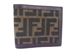 1円 ■美品■ FENDI フェンディ ズッカ柄 キャンバス×レザー 二つ折り 財布 ウォレット 札入れ 小銭入れ カード入れ ブラウン系 BI8915