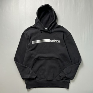 古着 00s adidas オールド アディダス パーカー プルオーバー 裏起毛 スウェット 刺繍ロゴ スリーライン ブラック Mサイズ