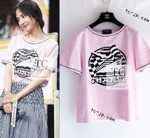 シャネル Ｔシャツ CHANEL ピンク LA PAUSA トップス ボーダー パイル地 半袖 新品同様 38