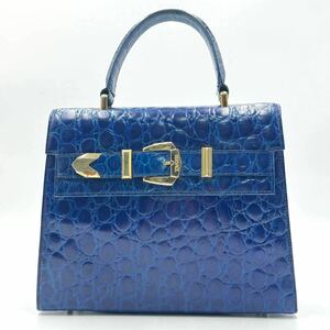 1円【希少色/美品】GIANNI VERSACE ジャンニヴェルサーチ ハンドバッグ クロコ 型押し ベルト ゴールド金具 自立 レザー 本革 ブルー 青