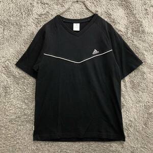 adidas アディダス Vネック 半袖Tシャツ 半袖 サイズS ブラック 黒 コットン ワンポイント刺繍ロゴ メンズ トップス 最落なし （R23）