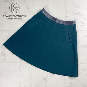 美品 BEAUTY&YOUTH ビューティーアンドユース フレアスカート サイドジップ ミニ丈 裏地あり 深緑 モスグリーン サイズM*QC877