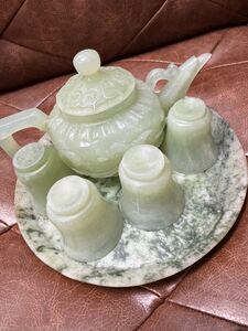 中国美術　玉茶壺　玉の急須　良品　唐物古玩　天然石　古玉　翡翠　緑石　水注　水滴　煎茶具 セット