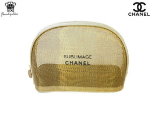 【Used 未使用】シャネル CHANEL ノベルティ ラウンドポーチ コスメポーチ サブリマージュ SUBLIMAGE 収納ポケット付き メッシュ ゴールド