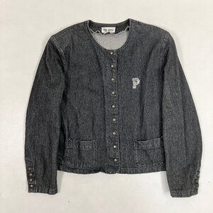 ◆【古着】PINK HOUSE ピンクハウス ノーカラー デニム ジャケット Gジャン ロゴプリント 肩パット 日本製 L ブラック レディース 0.58kg