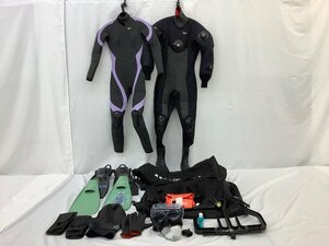 AQUA LUNG/World Dive ダイビング用品まとめ/ドライスーツ/フィン 他 書込記名有/ハンガー破損有 中古品 ACB