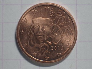 F6-国防総省 KM#1282 フランス共和国 1ユーロセント(0.01 EUR)銅メッキ鋼貨 2016年