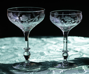1940年代 ビンテージ フラワー エッチング リキュール カクテル シャンパングラス 大小 2個セット 酒 バーグラス