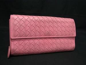 1円 BOTTEGA VENETA ボッテガヴェネタ イントレチャート レザー 二つ折り 長財布 ウォレット レディース メンズ ピンク系 FJ4031