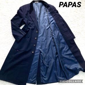 極上のシルエット XL位 PAPAS パパス チェスターコート ロング丈118cm コーデュロイ襟切替 メルトンウール 内側ロゴ総柄 ネイビー メンズ