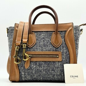 極美品/レア☆CELINE セリーヌ 新ロゴ ラゲージ ナノショッパー デニム 2way ハンドバッグ ショルダーバッグ レザー トートバッグ ツイード