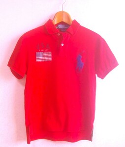 【レア即決】POLO RALPH LAURENポロラルフローレン ビッグポニー＆USA星条旗 半袖ポロシャツ★鹿の子コットンストレッチ/メンズM レッド