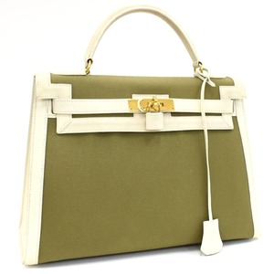 1円 ◎ HERMES エルメス ハンドバッグ ケリー32 〇Y刻印 トワルアッシュ キャンバス レザー カーキ アイボリー◎L.Dgur.lA-67☆