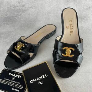 美品 CHANEL シャネル フラットサンダル パンプス ミュール マトラッセ ココマーク ゴールド金具 サイズ37 24.0cm カードあり ブラック