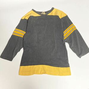 70s ☆ MASON フットボール Tシャツ 七分袖 ダメージ フェード イエロー グレー 34-36 ヴィンテージ アメカジ ストリート 古着■SAP128