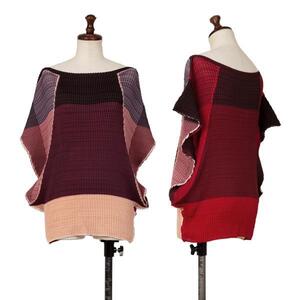 イッセイミヤケISSEY MIYAKE パネルプリントプリーツノースリーブトップス ピンク赤黒他2