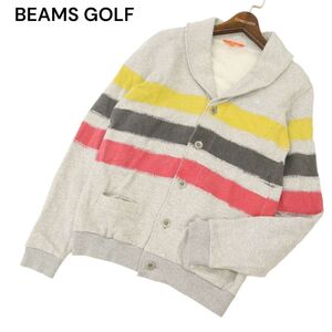 BEAMS GOLF ビームス ゴルフ 通年 ロゴ刺繍★ ボーダー ショールカラー スウェット カーディガン Sz.M　メンズ グレー　C4T07217_7#I