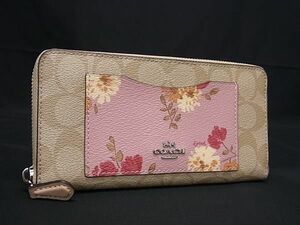 1円 ■新品同様■ COACH コーチ F73011 シグネチャー PVC フラワー 花柄 ラウンドファスナー 長財布 ウォレット ベージュ系 FA8422