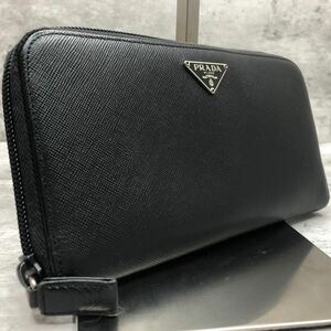 希少 美品 プラダ PRADA 長財布 ラウンドファスナー オーガナイザー ヴィンテージ 三角ロゴ サフィアーノ レザー 本革 メンズ ビジネス 黒